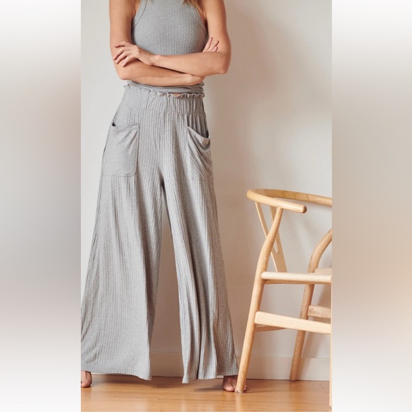 Free People Blissed Out Grey Ribbed Wide Leg Stretch Pants - Picture 3 of 11